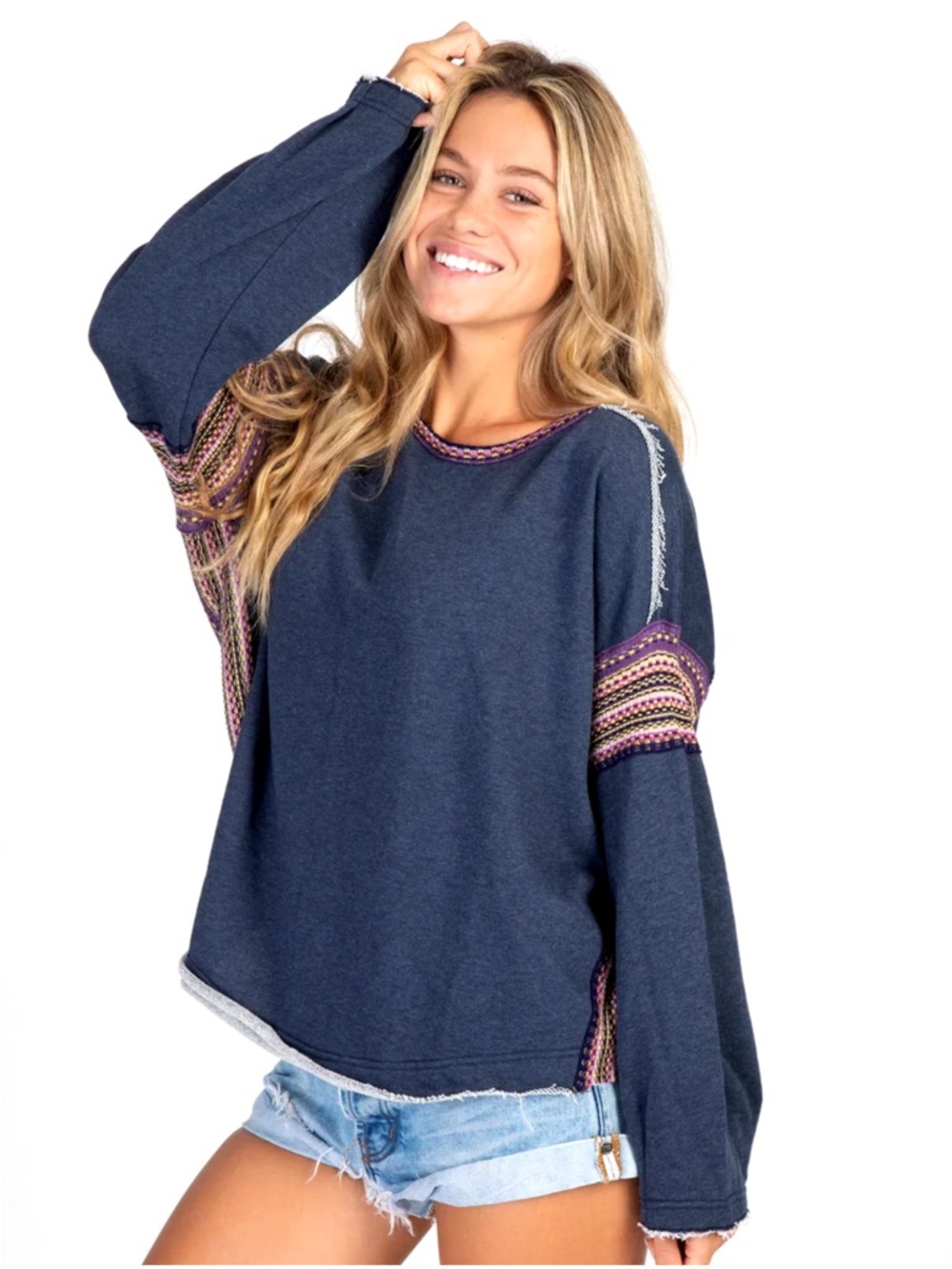 Natural Life Boho Oversized Knit Trim Sweatshirt Blue S/M Raw Hem - Picture 13 of 13